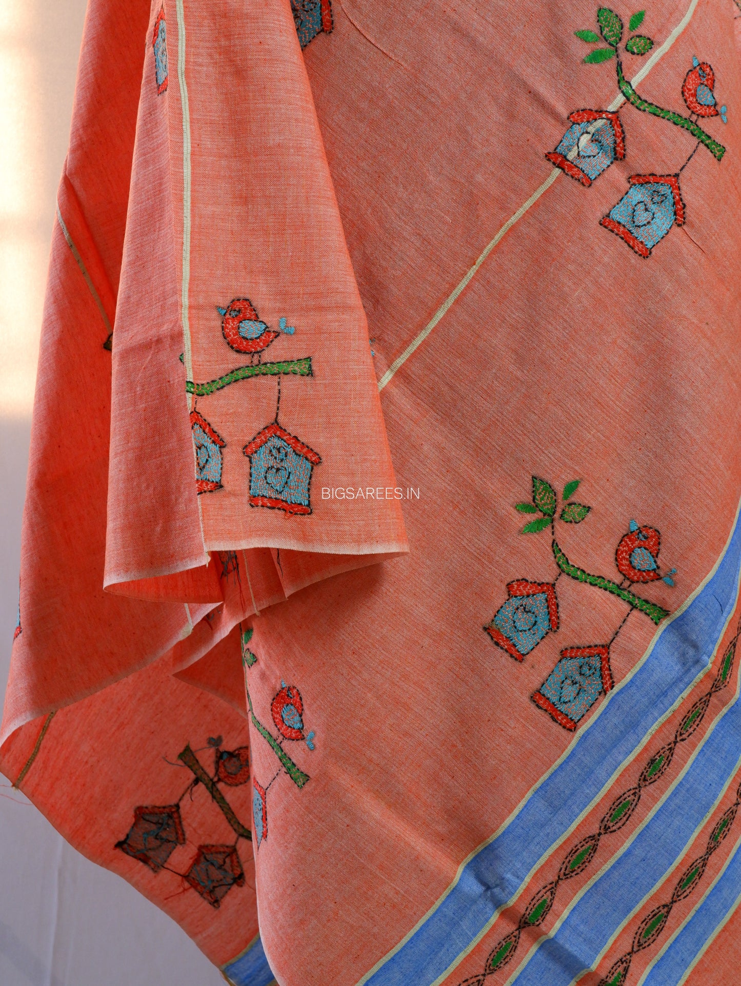 Hand-Embroidered Kantha - Stitch Dupatta | Pure Khesh Cotton | Light Orange