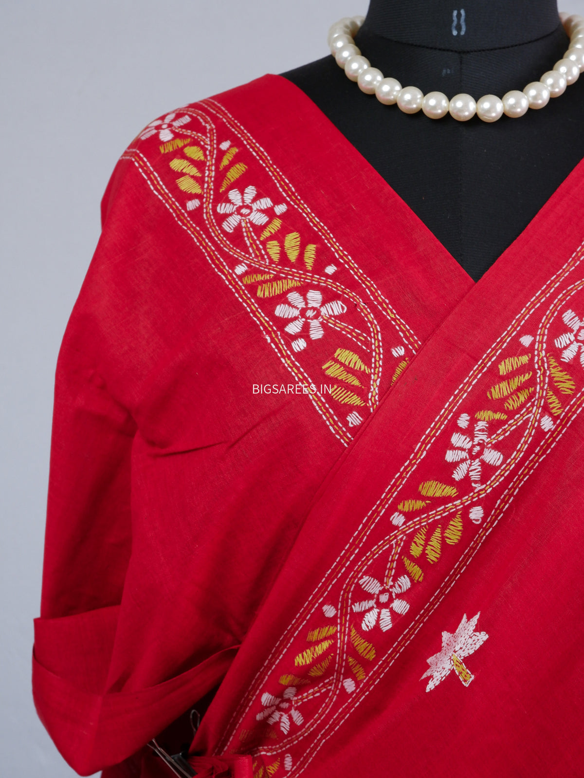 Kantha Hand-Embroidered Saree | Pure Khadi Cotton | Red