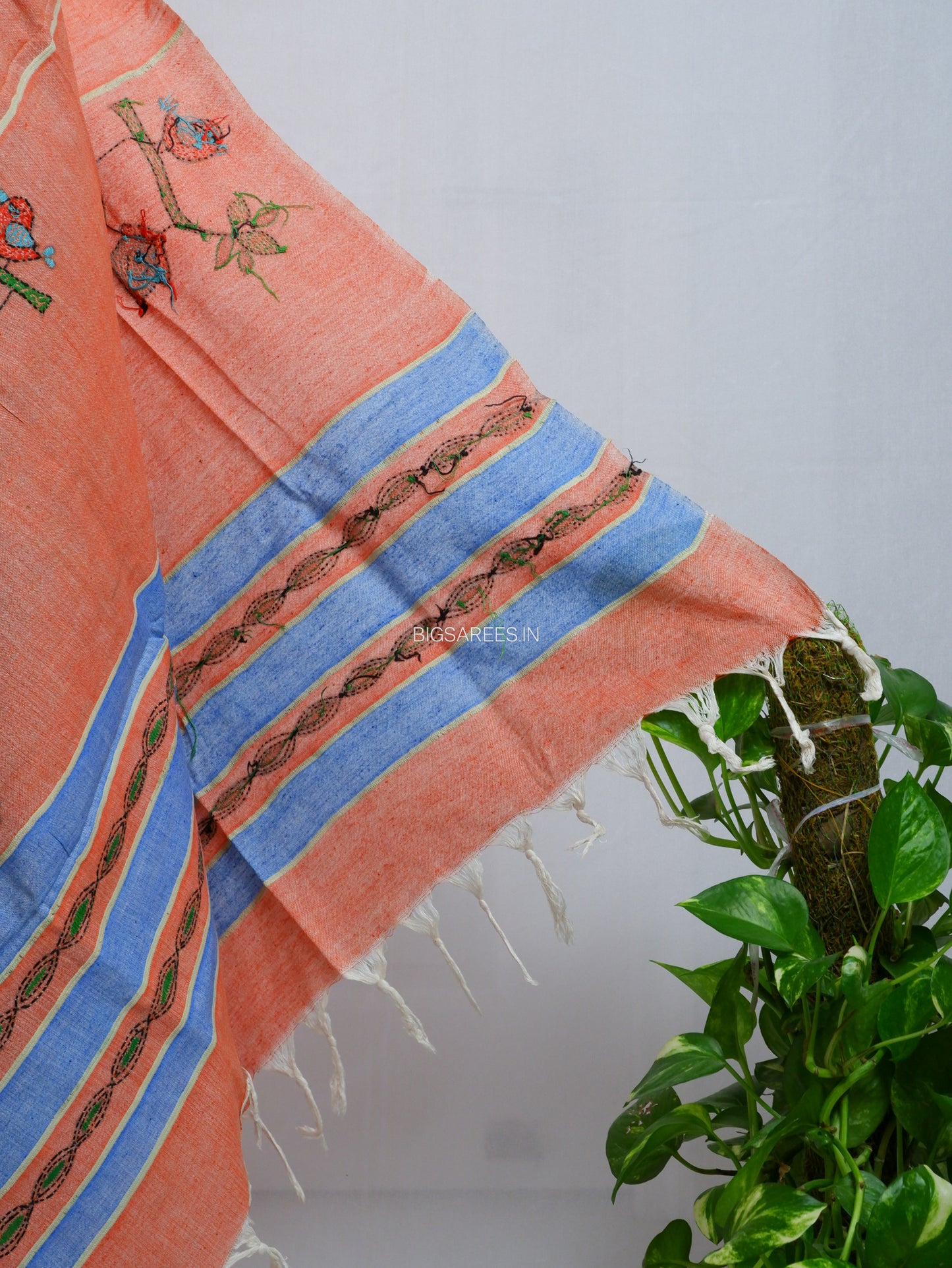 Hand-Embroidered Kantha - Stitch Dupatta | Pure Khesh Cotton | Light Orange