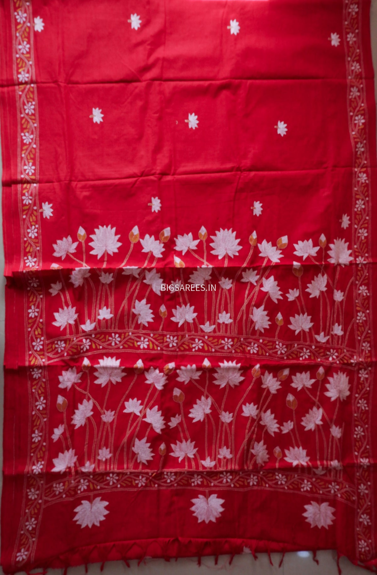 Kantha Hand-Embroidered Saree | Pure Khadi Cotton | Red
