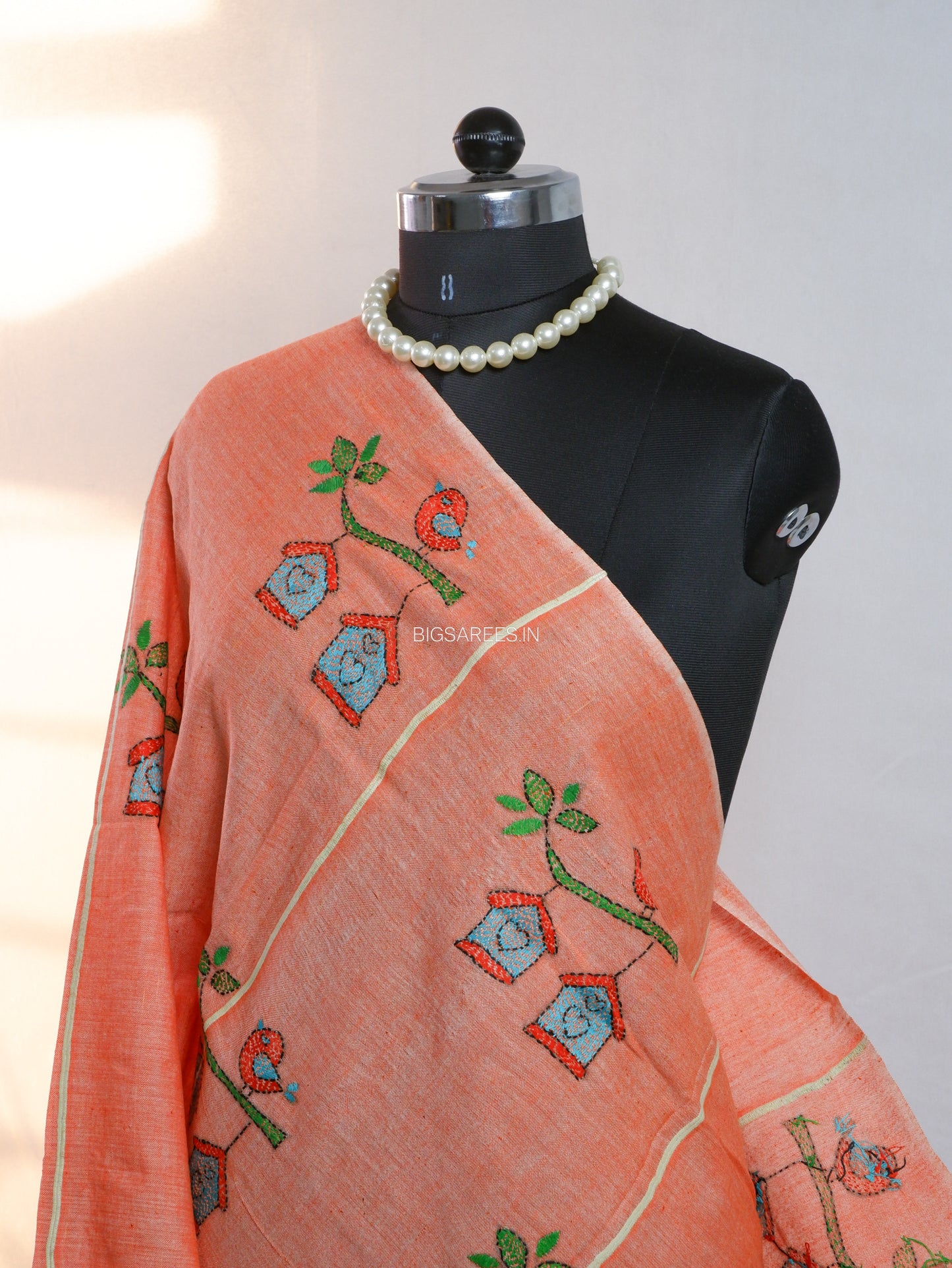 Hand-Embroidered Kantha - Stitch Dupatta | Pure Khesh Cotton | Light Orange