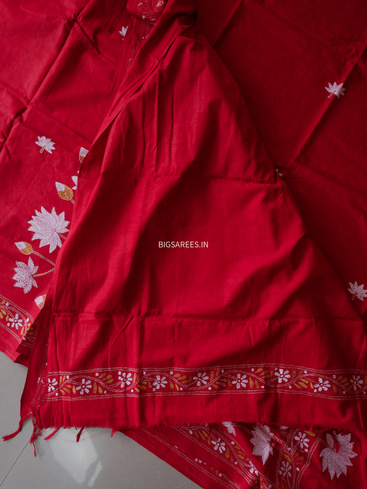 Kantha Hand-Embroidered Saree | Pure Khadi Cotton | Red