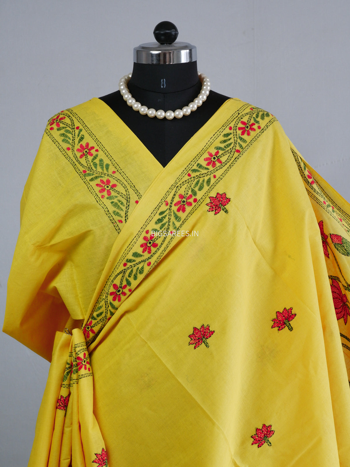 Kantha Hand-Embroidered Saree | Pure Khadi Cotton | Yellow