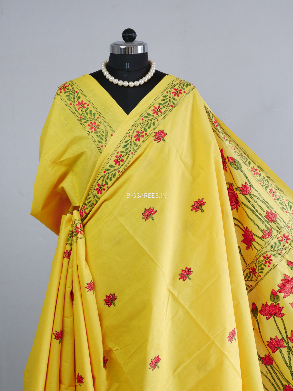 Kantha Hand-Embroidered Saree | Pure Khadi Cotton | Yellow