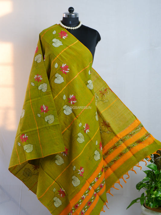 Hand-Embroidered Kantha - Stitch Dupatta | Pure Khesh Cotton | Green