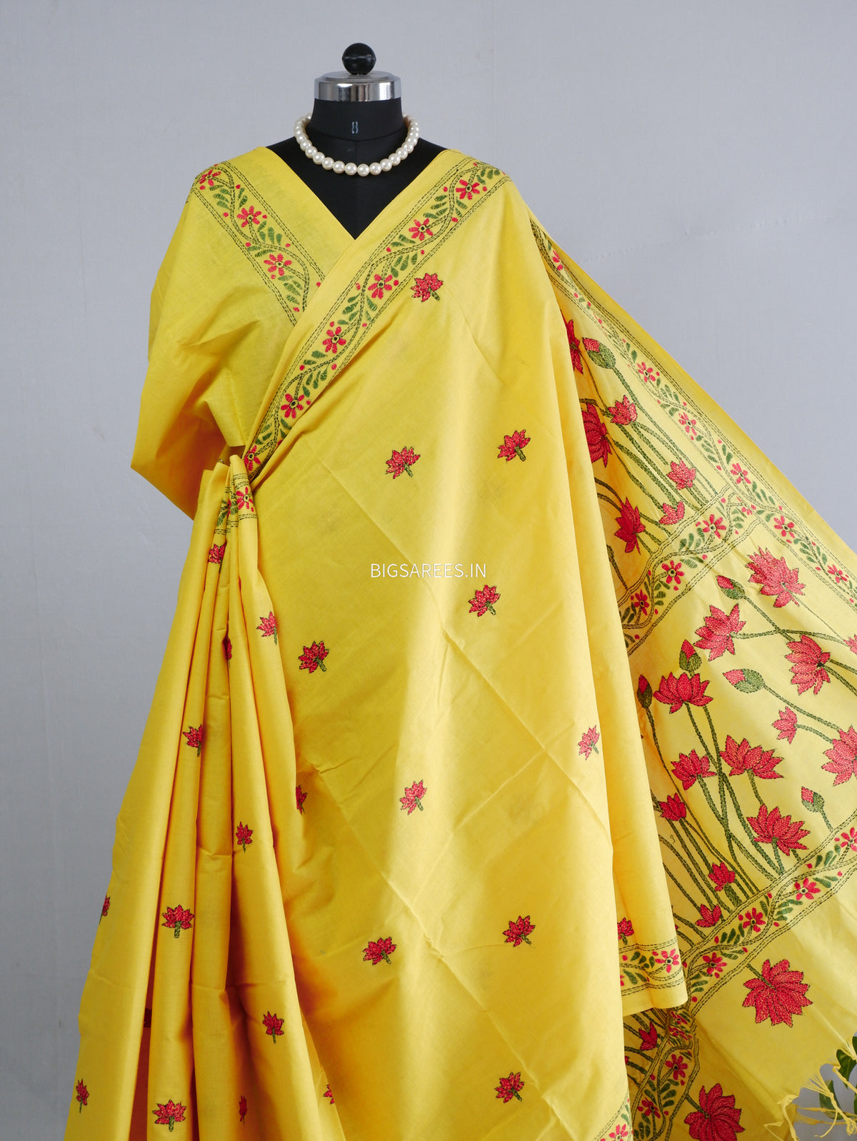 Kantha Hand-Embroidered Saree | Pure Khadi Cotton | Yellow