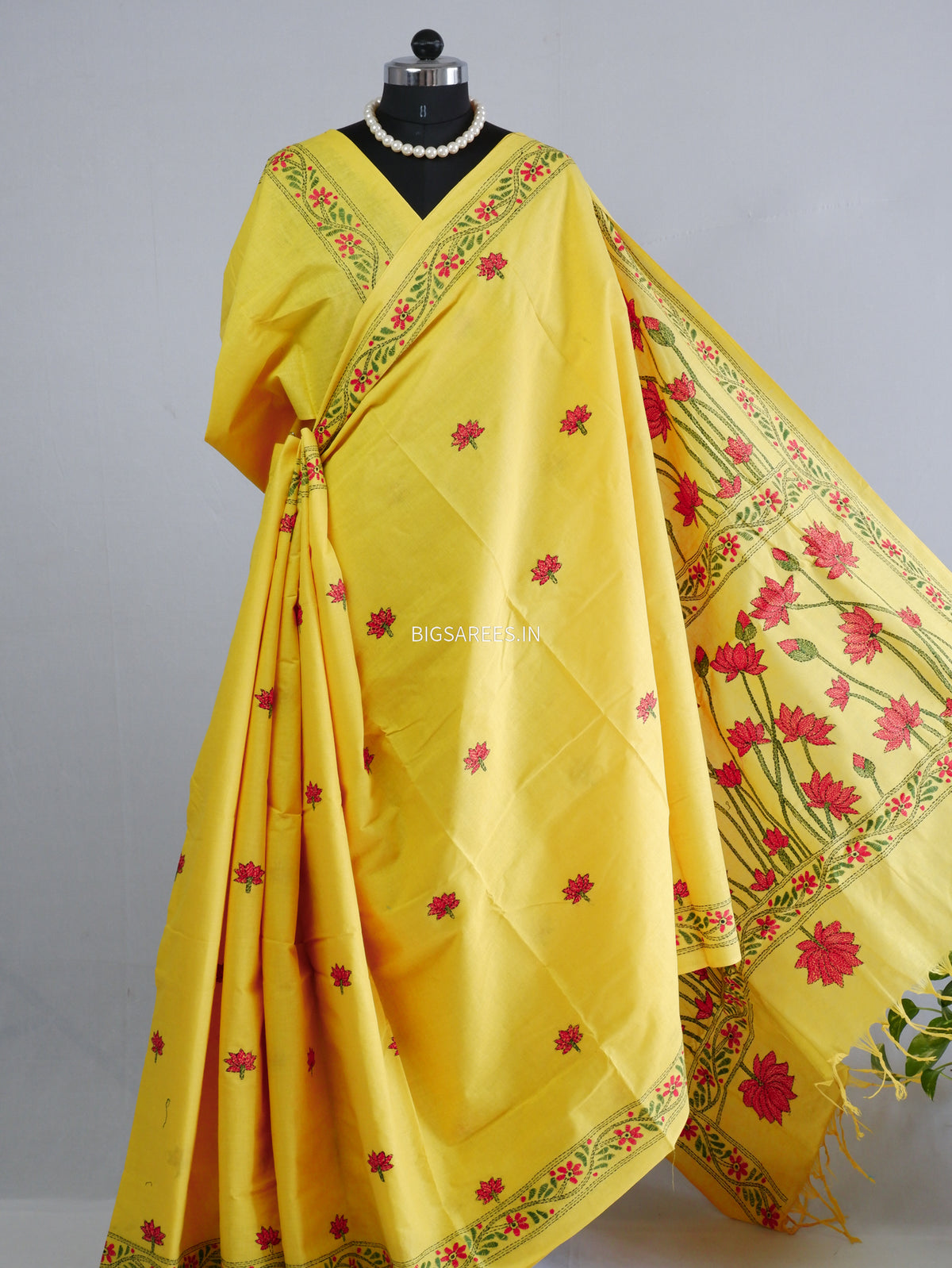 Kantha Hand-Embroidered Saree | Pure Khadi Cotton | Yellow