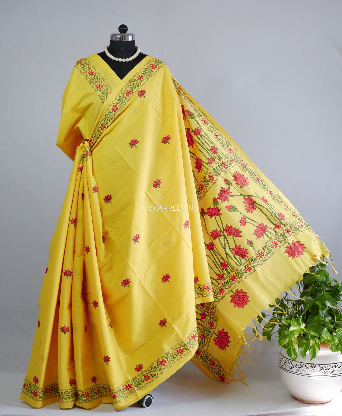 Kantha Hand-Embroidered Saree | Pure Khadi Cotton | Yellow