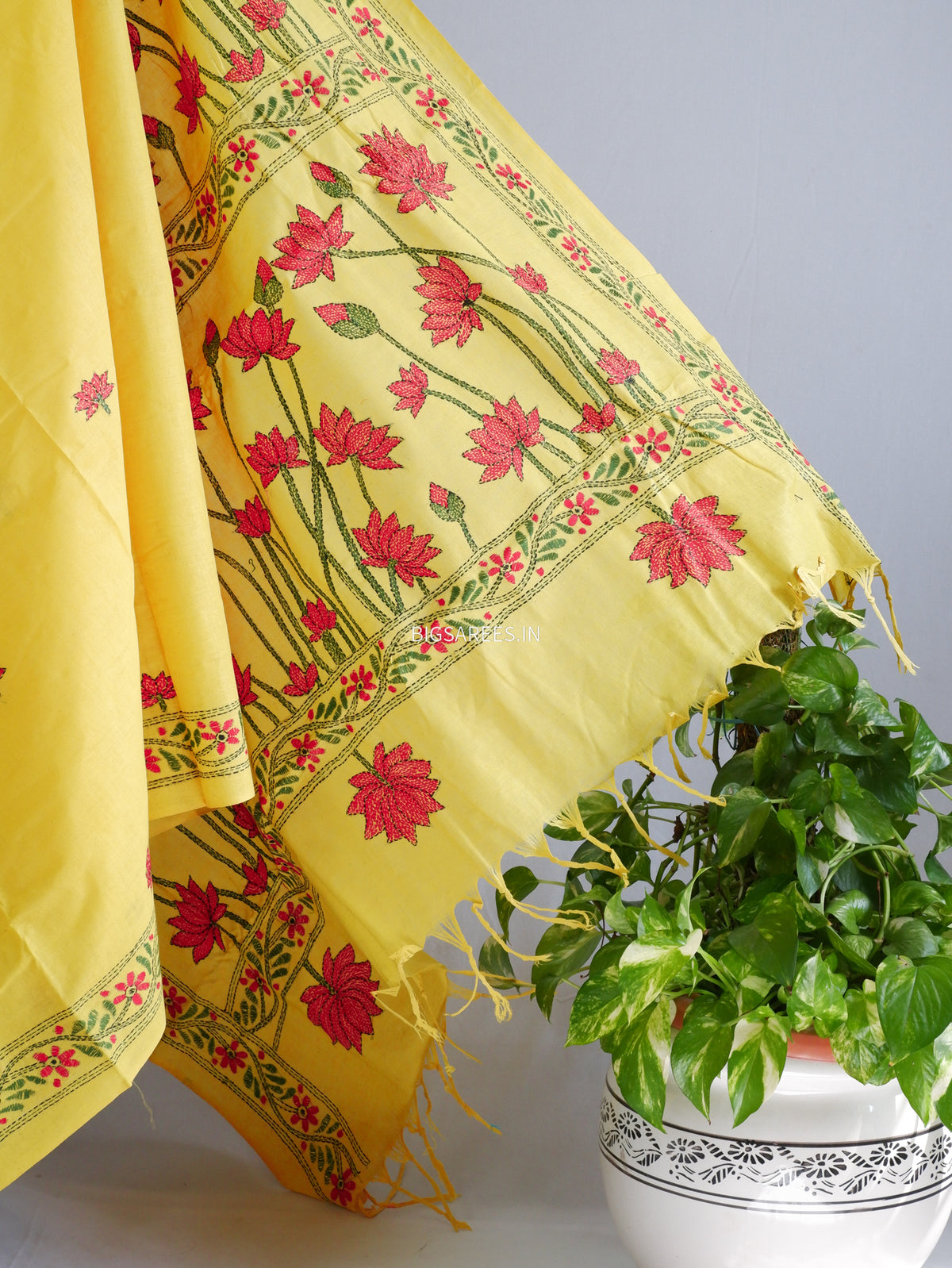 Kantha Hand-Embroidered Saree | Pure Khadi Cotton | Yellow