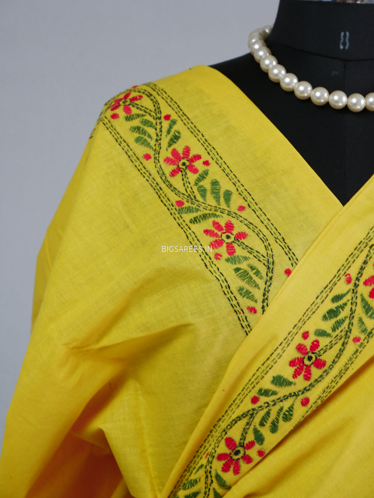 Kantha Hand-Embroidered Saree | Pure Khadi Cotton | Yellow