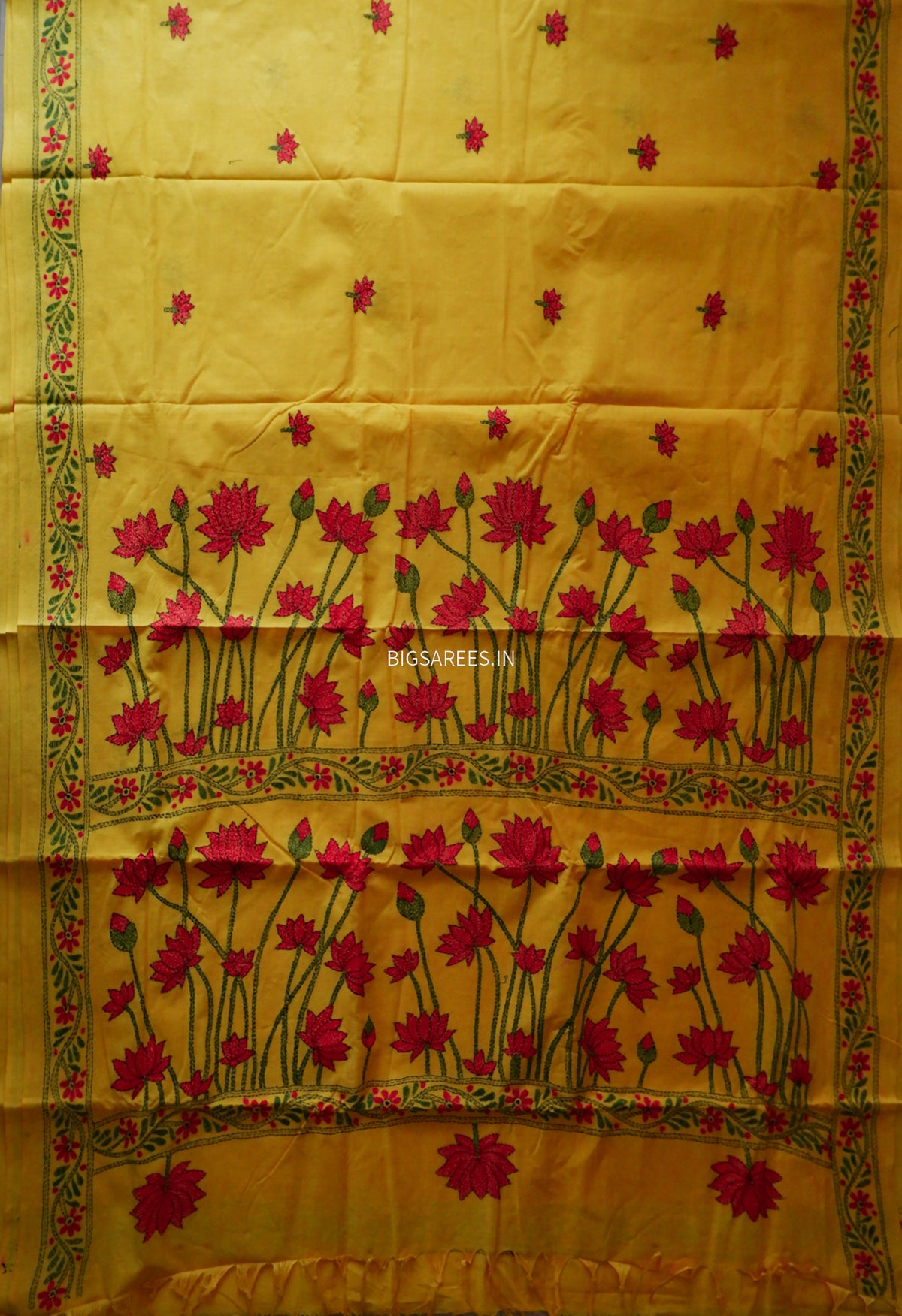Kantha Hand-Embroidered Saree | Pure Khadi Cotton | Yellow