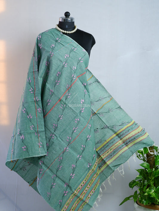 Hand-Embroidered Kantha - Stitch Dupatta | Pure Khesh Cotton | Green