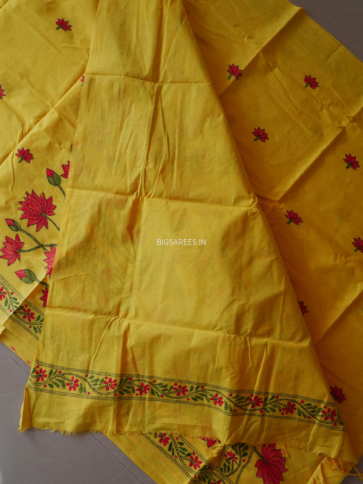 Kantha Hand-Embroidered Saree | Pure Khadi Cotton | Yellow