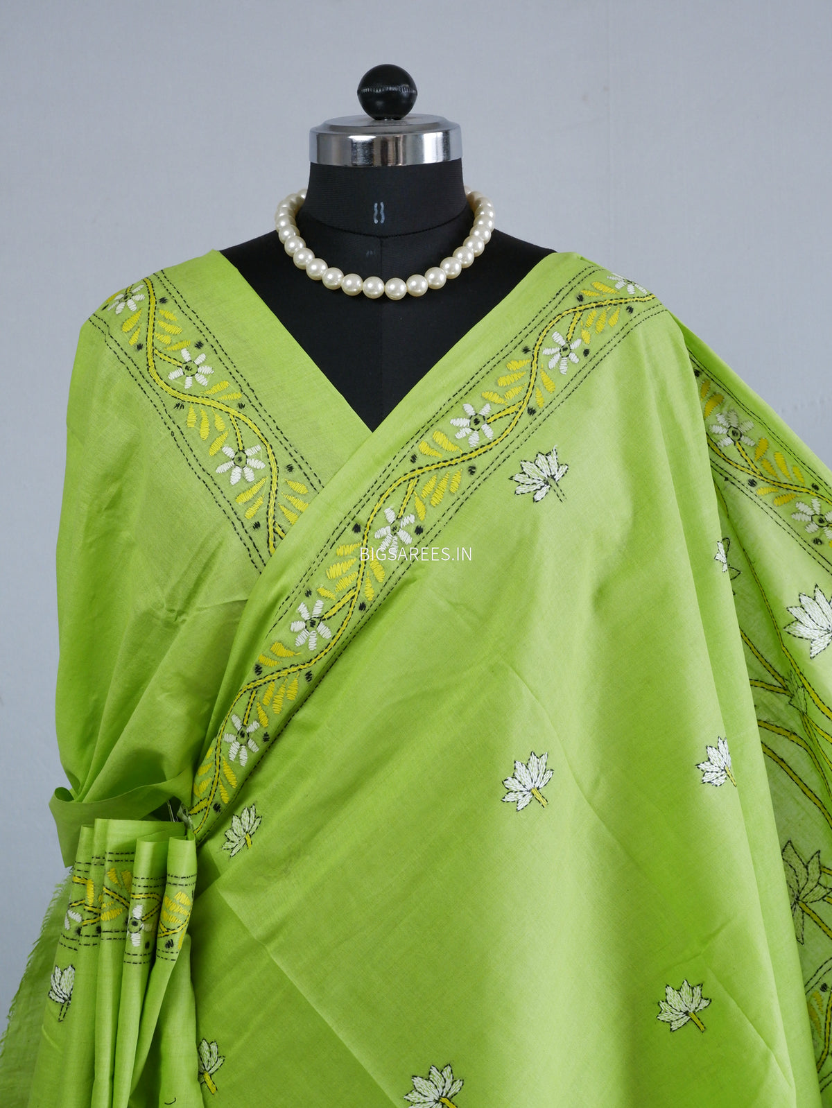 Kantha Hand-Embroidered Saree | Pure Khadi Cotton | Parrot Green