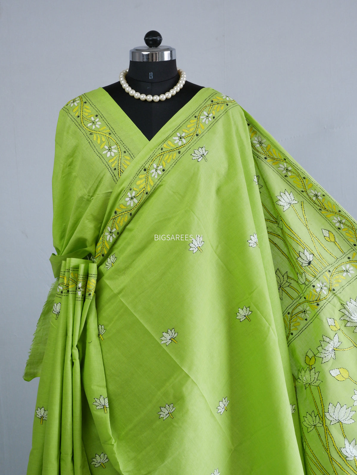 Kantha Hand-Embroidered Saree | Pure Khadi Cotton | Parrot Green