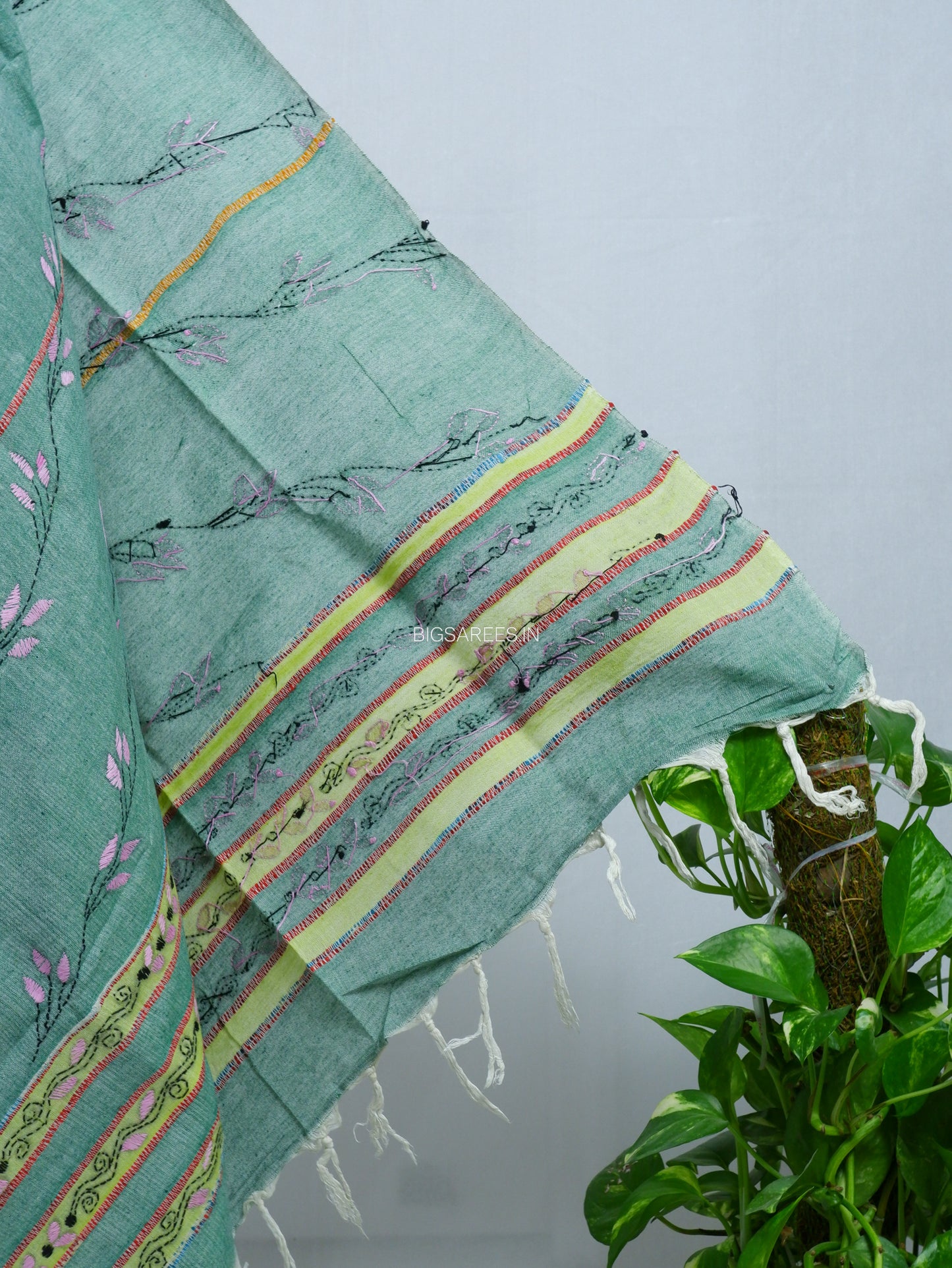 Hand-Embroidered Kantha - Stitch Dupatta | Pure Khesh Cotton | Green
