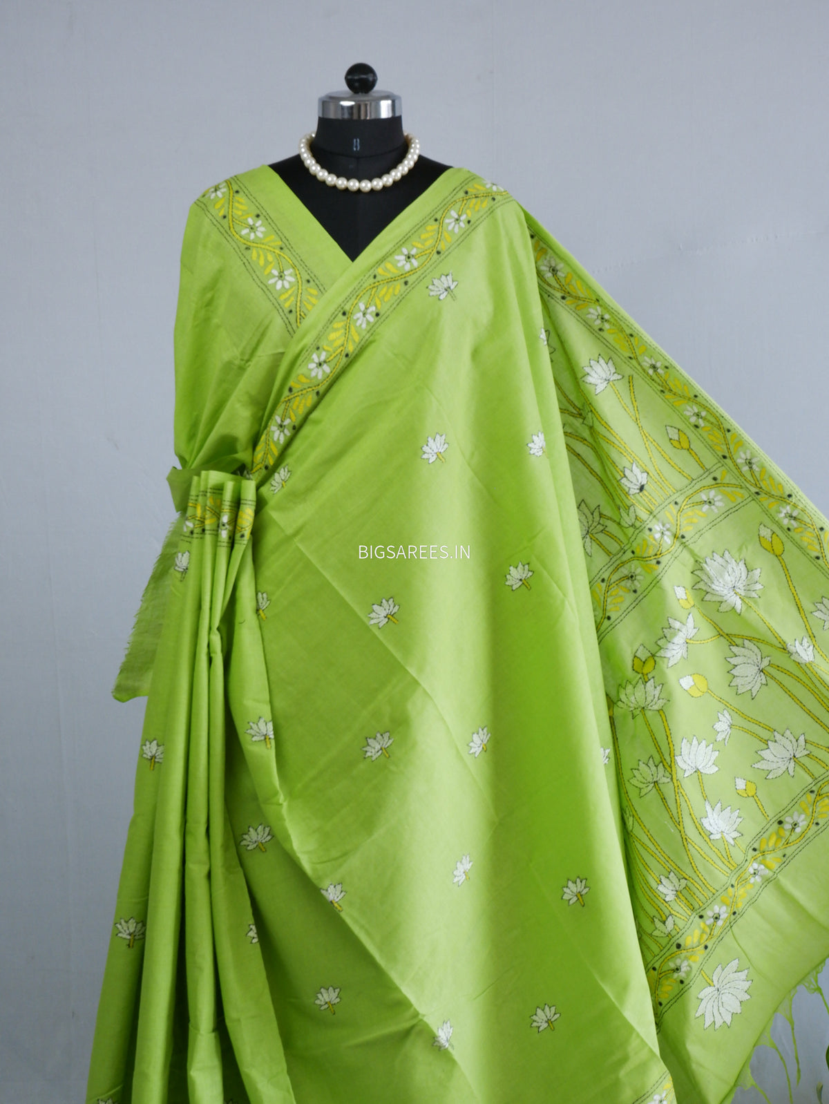 Kantha Hand-Embroidered Saree | Pure Khadi Cotton | Parrot Green