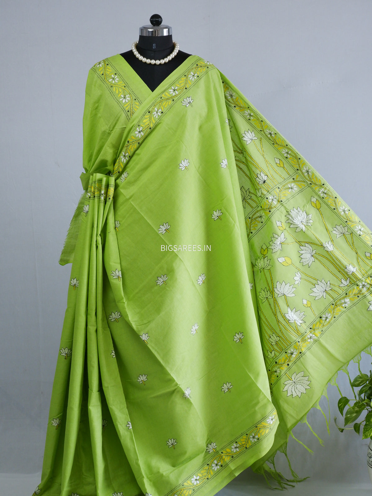 Kantha Hand-Embroidered Saree | Pure Khadi Cotton | Parrot Green