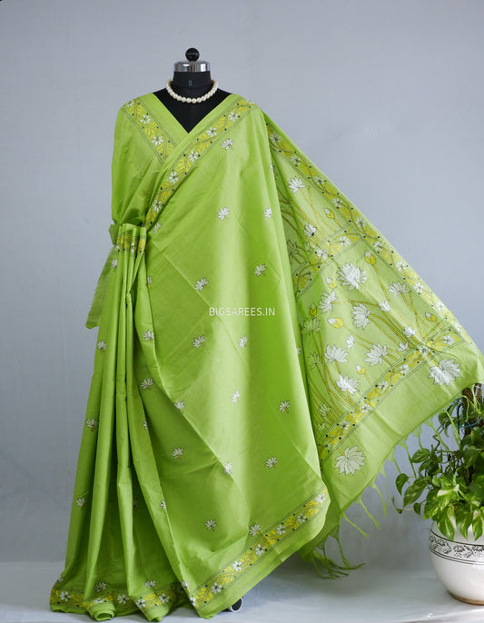 Kantha Hand-Embroidered Saree | Pure Khadi Cotton | Parrot Green