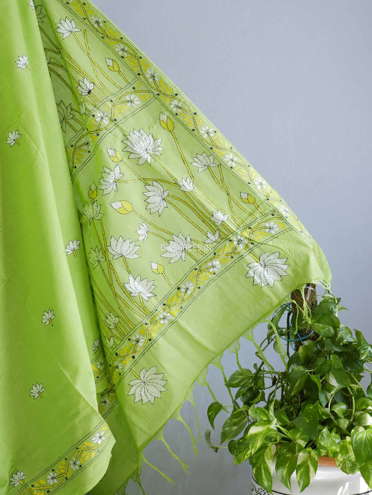 Kantha Hand-Embroidered Saree | Pure Khadi Cotton | Parrot Green