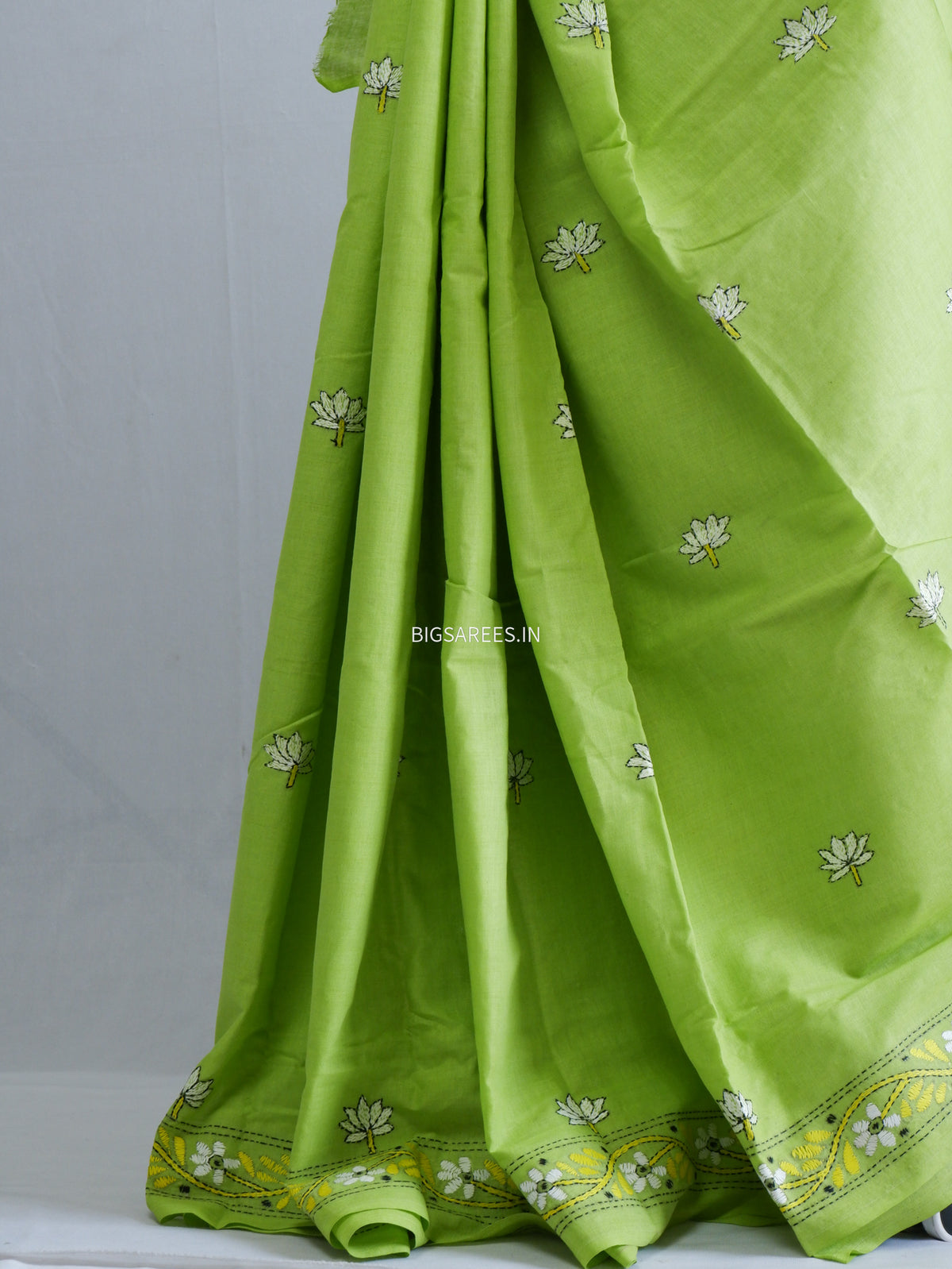 Kantha Hand-Embroidered Saree | Pure Khadi Cotton | Parrot Green