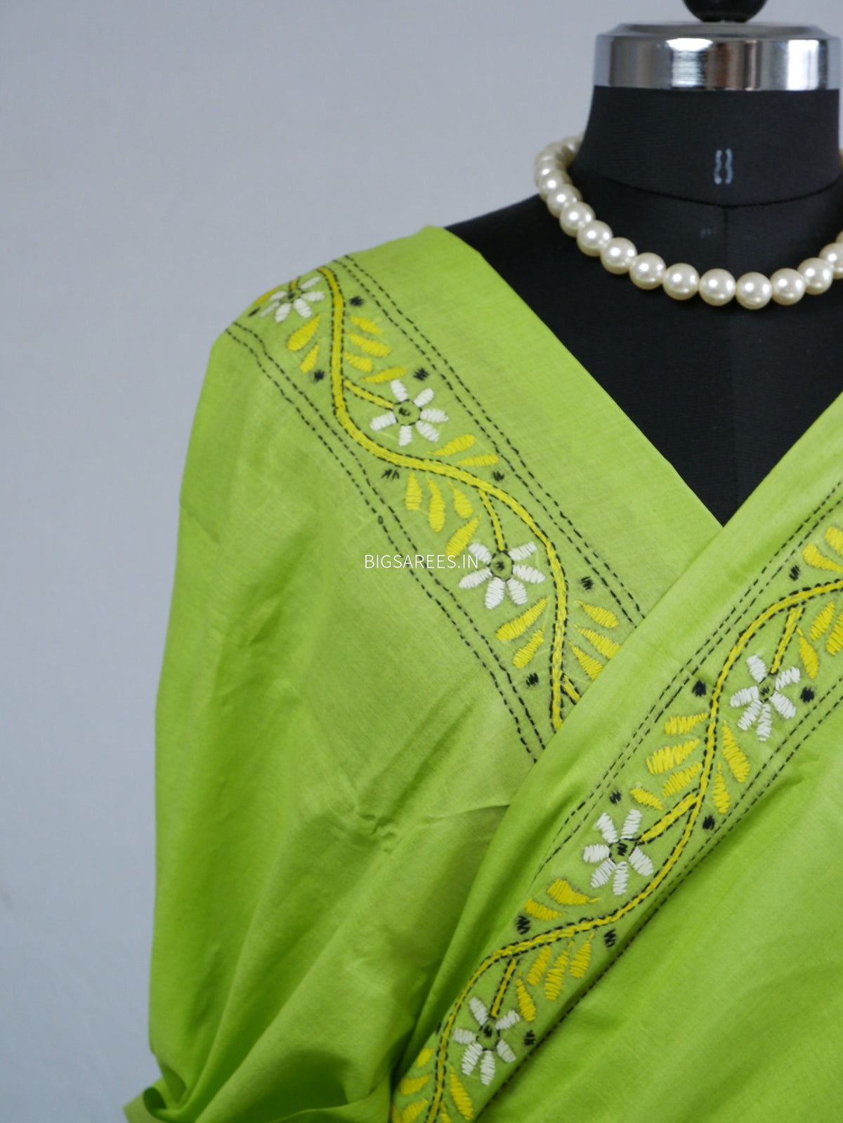 Kantha Hand-Embroidered Saree | Pure Khadi Cotton | Parrot Green
