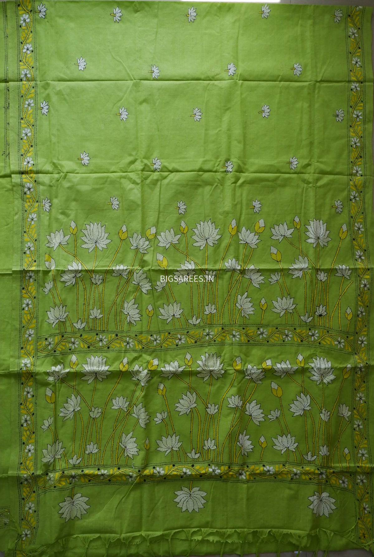 Kantha Hand-Embroidered Saree | Pure Khadi Cotton | Parrot Green