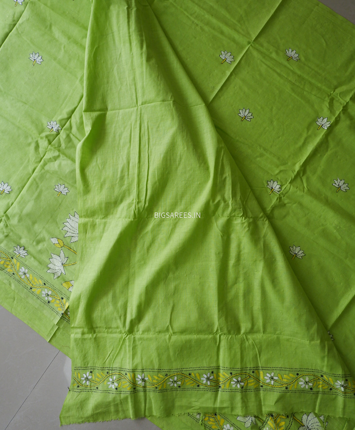Kantha Hand-Embroidered Saree | Pure Khadi Cotton | Parrot Green