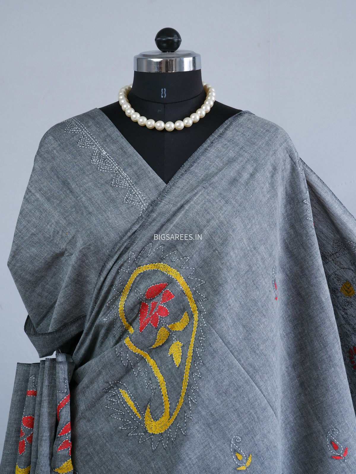 Kantha Hand-Embroidered Saree | Pure Khadi Cotton | Grey