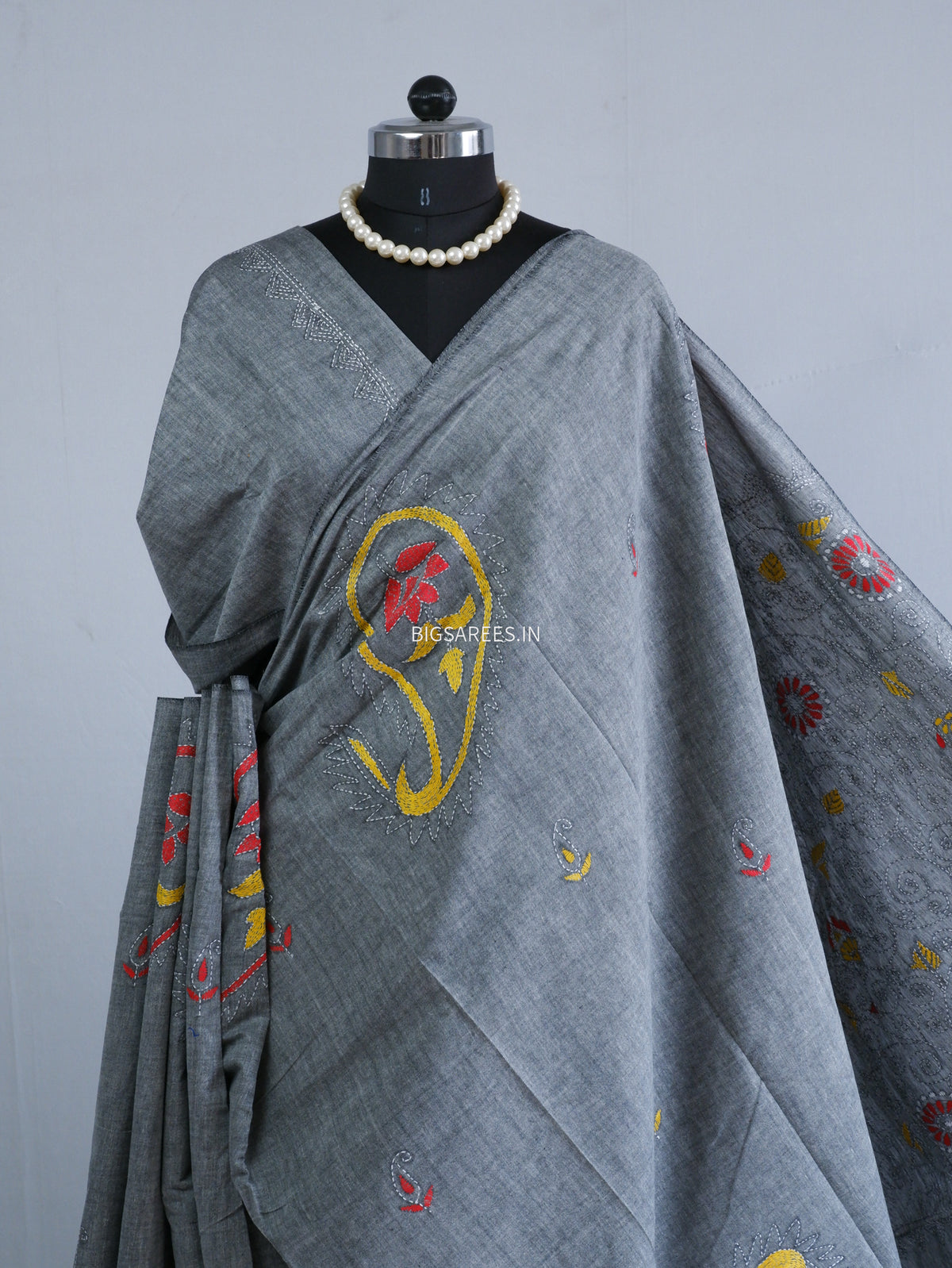 Kantha Hand-Embroidered Saree | Pure Khadi Cotton | Grey