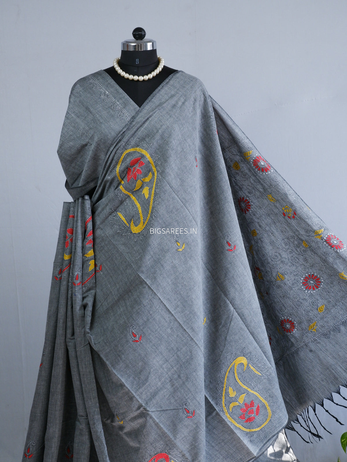 Kantha Hand-Embroidered Saree | Pure Khadi Cotton | Grey