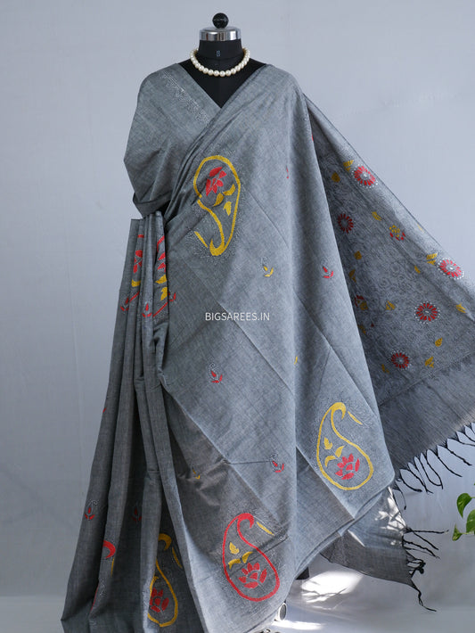 Kantha Hand-Embroidered Saree | Pure Khadi Cotton | Grey