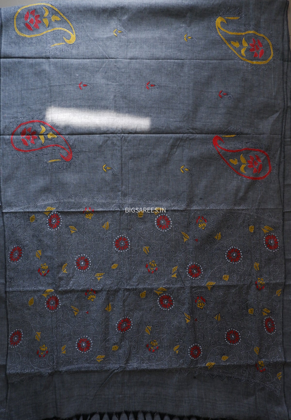 Kantha Hand-Embroidered Saree | Pure Khadi Cotton | Grey