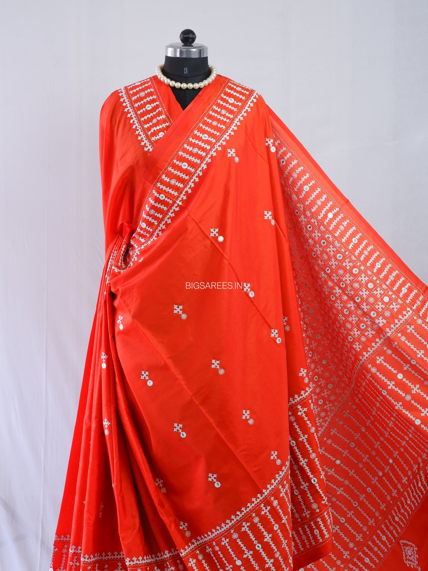 Kutchi Hand Embroidered Saree | Blended Bangalore Silk / Art Silk | Foil Mirror | Red