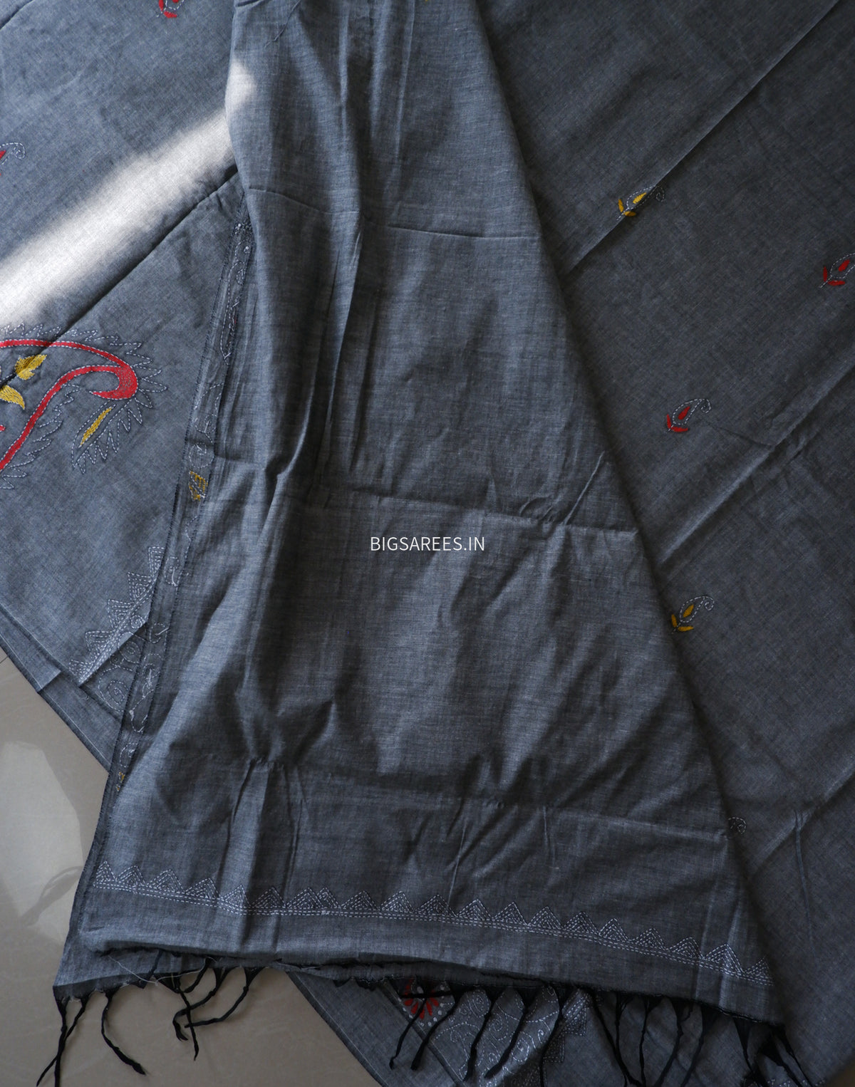 Kantha Hand-Embroidered Saree | Pure Khadi Cotton | Grey