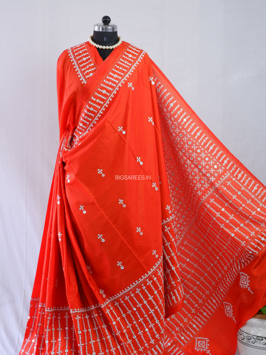 Kutchi Hand Embroidered Saree | Blended Bangalore Silk / Art Silk | Foil Mirror | Red