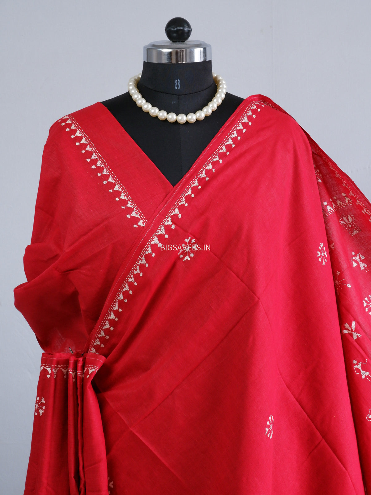 Kantha Hand-Embroidered Saree | Pure Khadi Cotton | Red