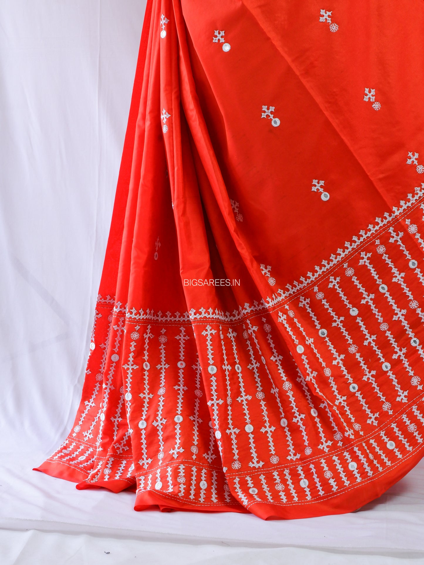 Kutchi Hand Embroidered Saree | Blended Bangalore Silk / Art Silk | Foil Mirror | Red