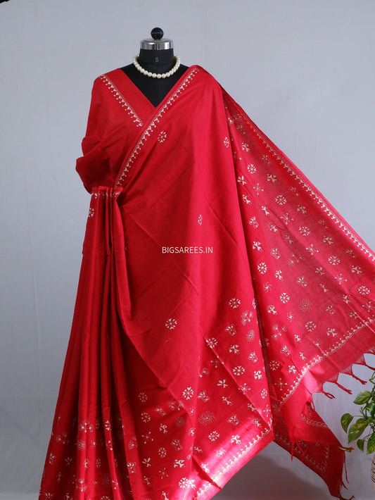 Kantha Hand-Embroidered Saree | Pure Khadi Cotton | Red