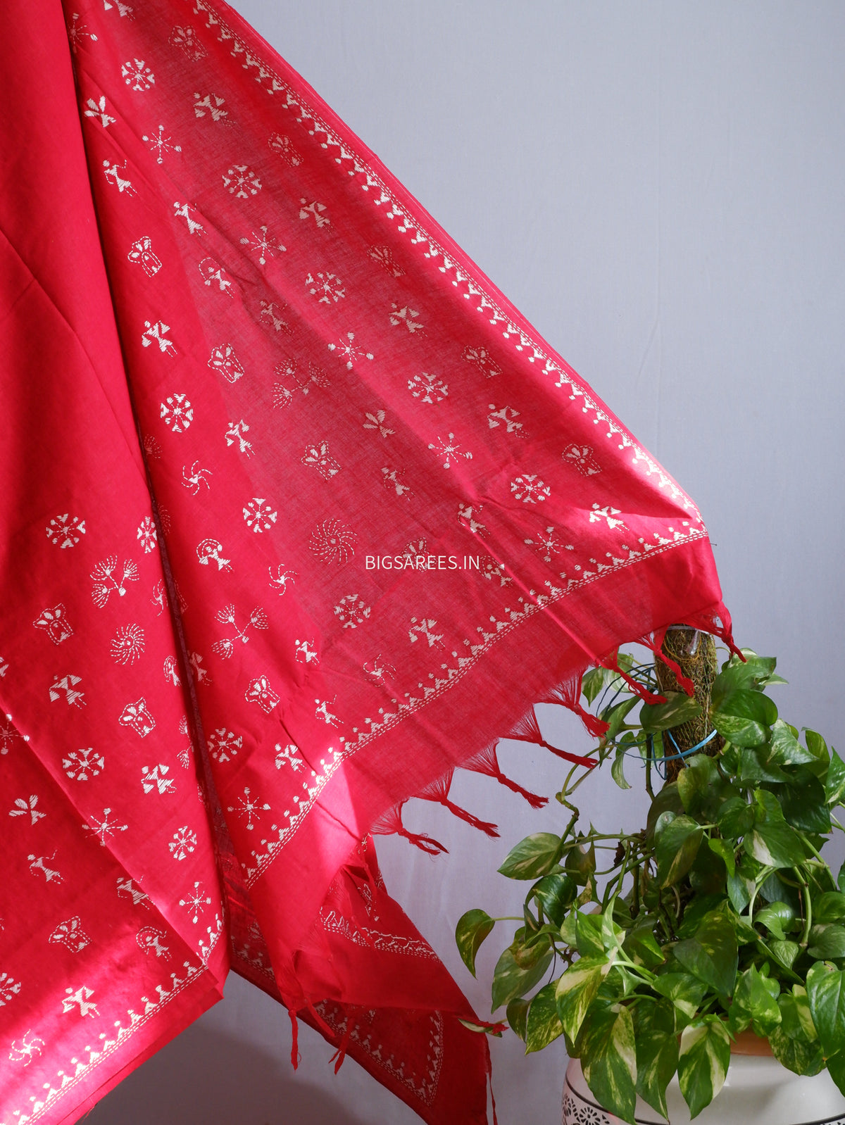 Kantha Hand-Embroidered Saree | Pure Khadi Cotton | Red