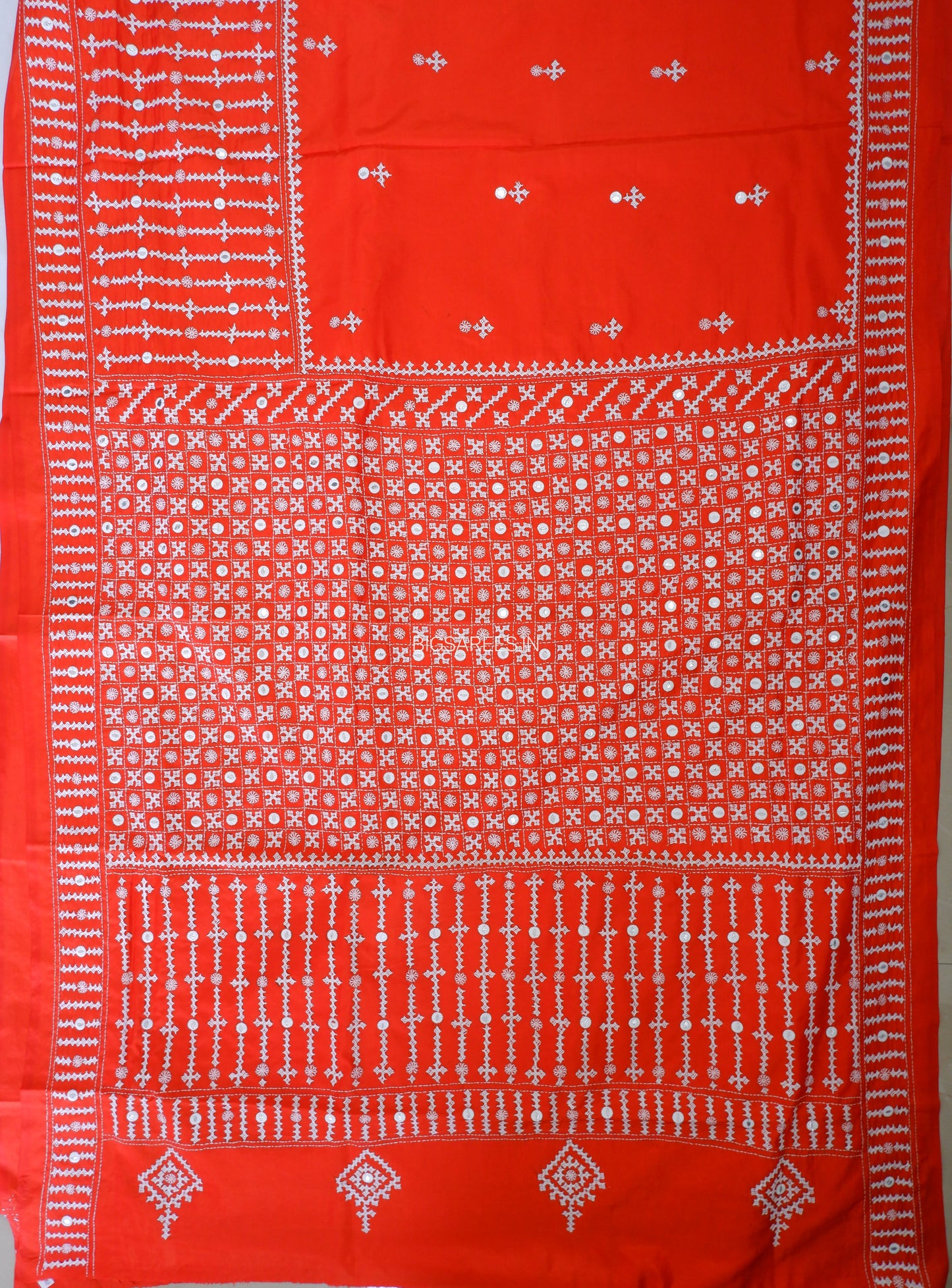 Kutchi Hand Embroidered Saree | Blended Bangalore Silk / Art Silk | Foil Mirror | Red