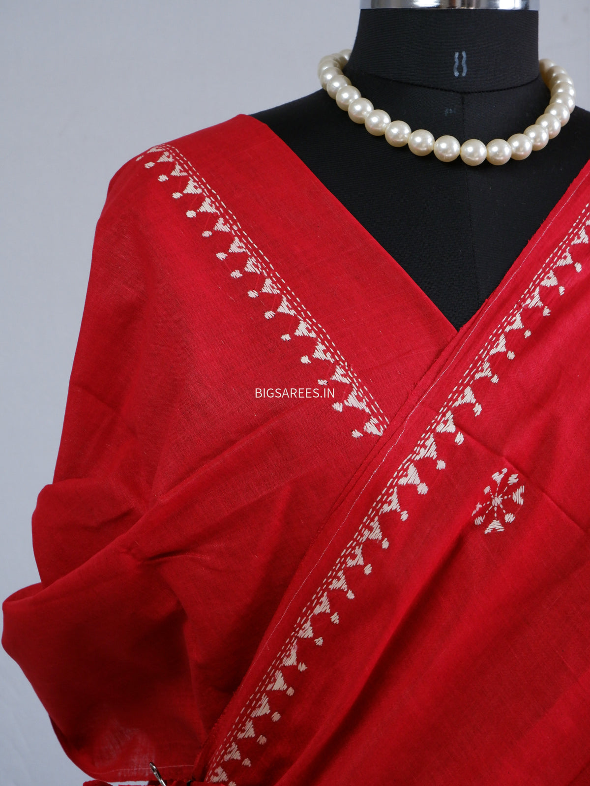 Kantha Hand-Embroidered Saree | Pure Khadi Cotton | Red