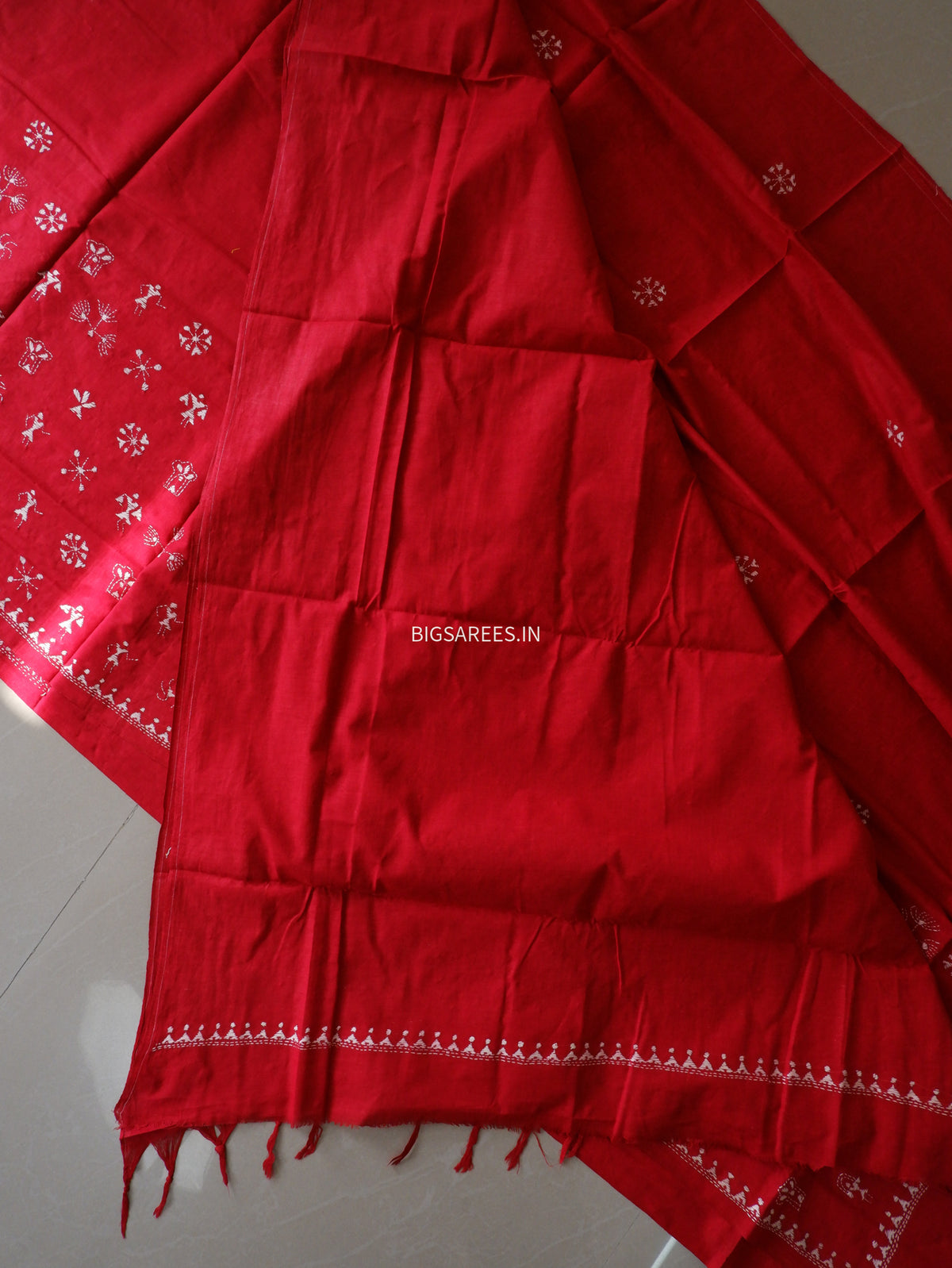 Kantha Hand-Embroidered Saree | Pure Khadi Cotton | Red