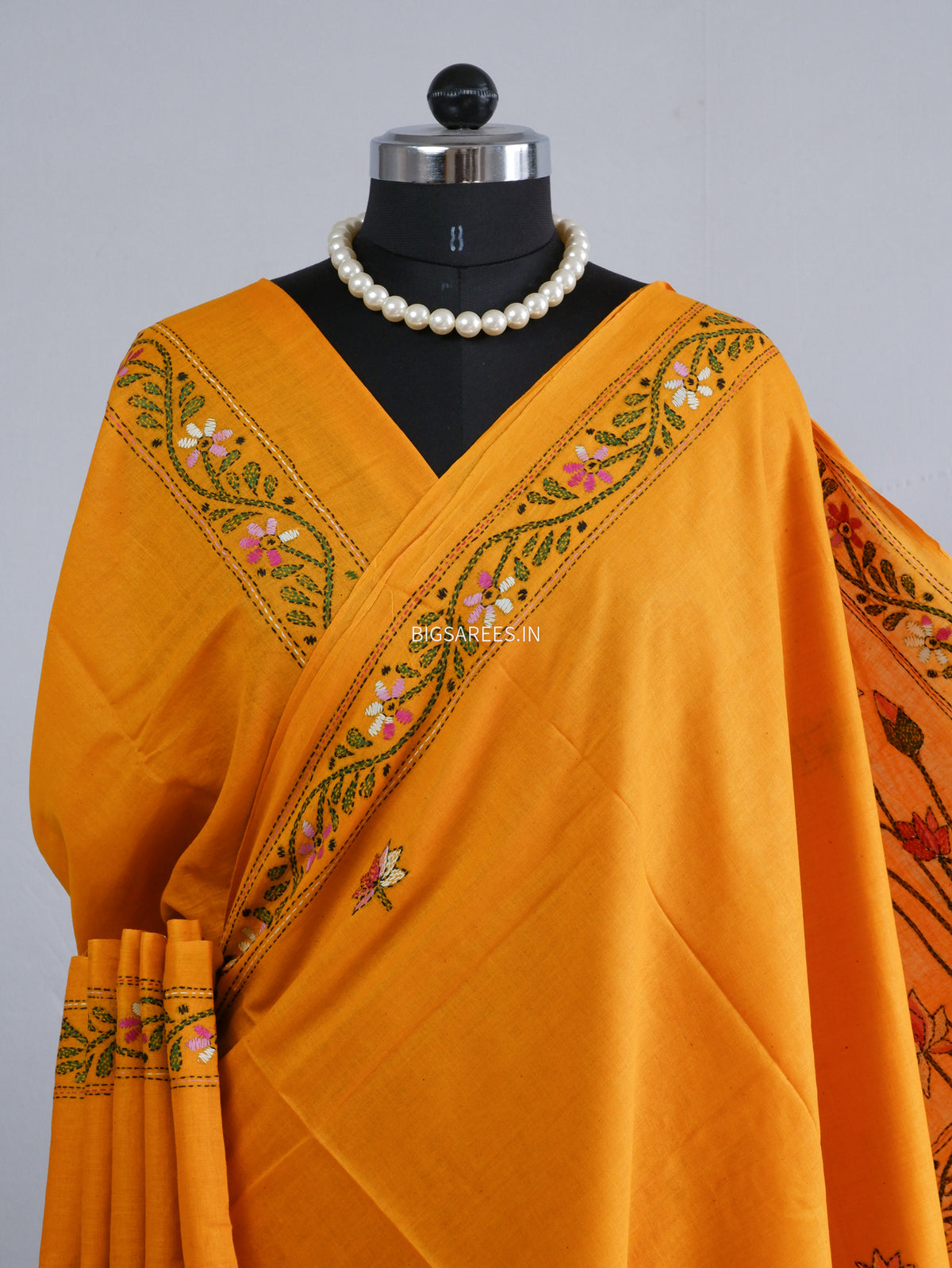 Kantha Hand-Embroidered Saree | Pure Khadi Cotton | Orange