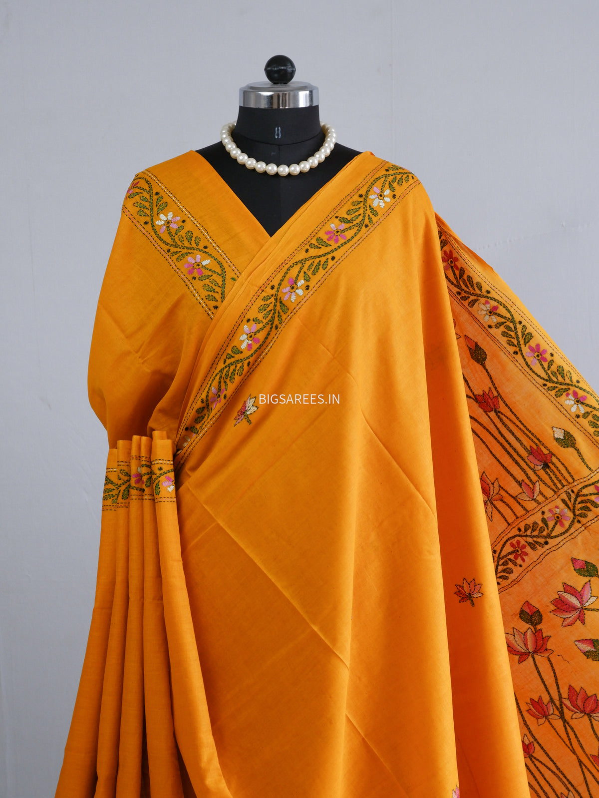 Kantha Hand-Embroidered Saree | Pure Khadi Cotton | Orange