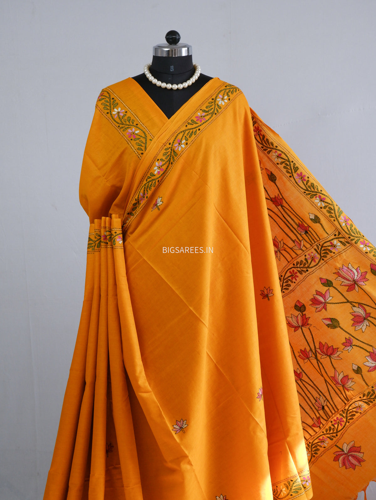 Kantha Hand-Embroidered Saree | Pure Khadi Cotton | Orange