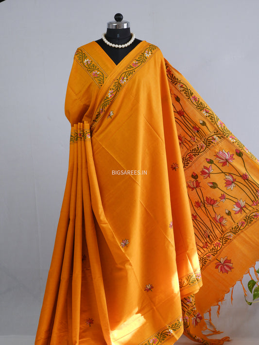 Kantha Hand-Embroidered Saree | Pure Khadi Cotton | Orange