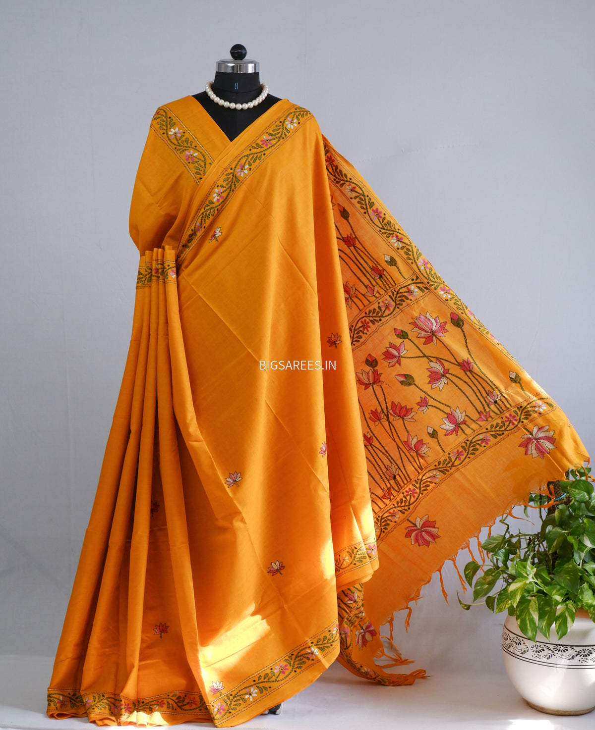 Kantha Hand-Embroidered Saree | Pure Khadi Cotton | Orange