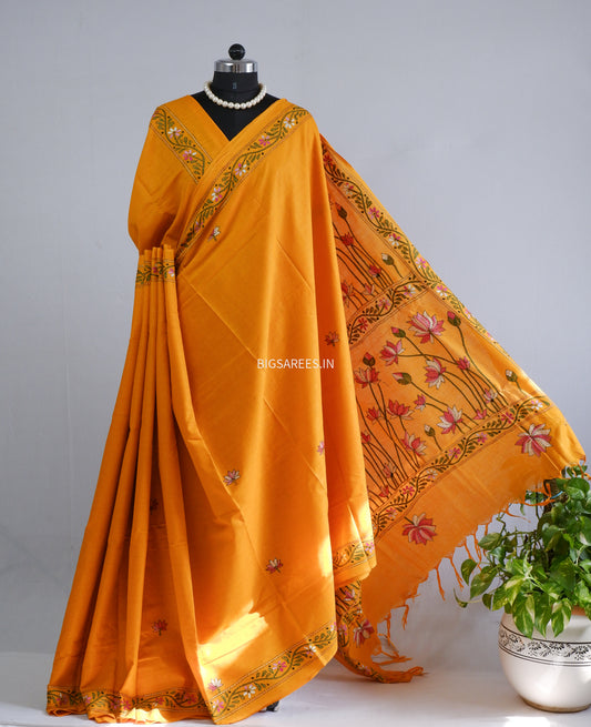 Kantha Hand-Embroidered Saree | Pure Khadi Cotton | Orange