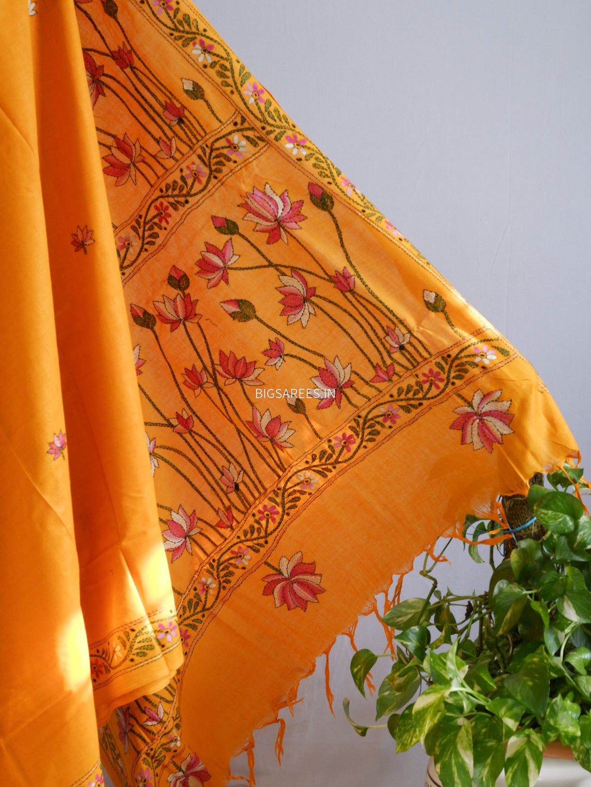 Kantha Hand-Embroidered Saree | Pure Khadi Cotton | Orange